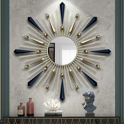MMRLBAPAG Large Starburst Decorative Wall Mirror 28'' Blue Sunburst Mirror Wall Decor, Modern Metal Hanging Wall Mirror for Living Room Bathroom