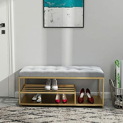 Modern Entryway Bench With Metal Shoe Shelf,Comfy Upholstered Shoe Bench Seat Shoe Organizer,Premium Shoe Rack Bench Shoe Storage Bench Furniture
