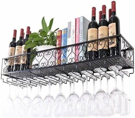 SUCHETA Hanging Wine Rack with Glass Holder and Shelf, Wine lovers Bar furniture& Wine Rack Wall Shelf Metal Iron Ceiling Rack Storage Wine Racks
