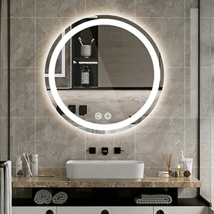 GONICVIN LED Bathroom Mirror, 600mm Round Wall Mounted Multifunction Bathroom Vanity Mirror with Demister Pad and 3 Colors Touch Sensor, Energy-S
