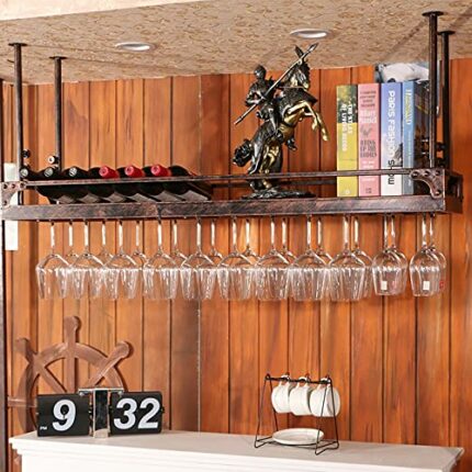 EYLINK Ceiling Wine Rack, Height Adjustable, Metal Iron Hanging Storage Rack, Wine Bottle Holder, Goblet Stemware Holder, For Bars/Restaurants/Ki