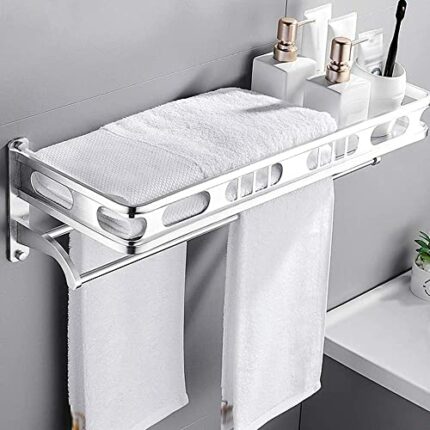 XHALERY Bathroom Shelf, Aluminum Towel Rack with Double Towel Shelf, Wall Mounted Shower Shelf (60Cm Long)/Sier