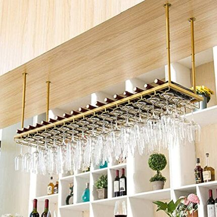 SUCHETA Hanging Wine Rack with Glass Holder and Shelf, Wine Glass Holder Upside Down Wine Rack，Bar Hanging Glass Rack, Golden Wine Glass Rack, Wi