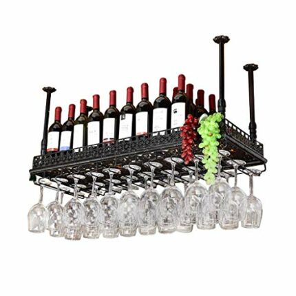 SUCHETA Retro Metal Ceiling Wine Racks Storage Holder Wine Goblet Stemware Glass Rack Hanging Wine Glass Bar Decoration Display Shelf (Black) Bar