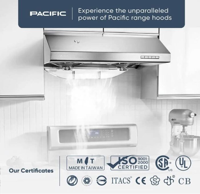 Pacific Kitchen Vent Hood AC30BS – 30 Inch Under Cabinet Range Hood – Filterless Modern Stainless Steel Hood Vent with 900 CFM Suction, Dual Fans