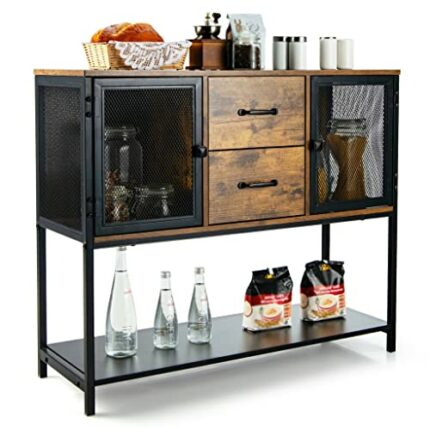DSHGDJF Industrial Buffet Sideboard Kitchen Cabinet With Metal Mesh Doors And 2 Drawers