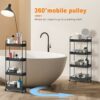 4-Tier Storage Trolley Cart, Slide-Out Cart with Wheels Rolling Utility Shelf Rack for Kitchen Bathroom with Hanging Cups & Partition