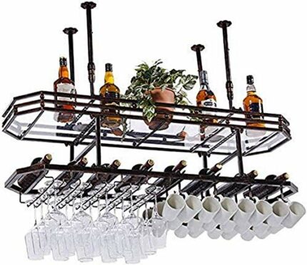OUSIKA Wine Racks,Household Wine Shelf Cup Holder- Adjustable Height Ceiling Mounted Hanging Wine Bottle Holder Metal Wine Glass Rack Goblet Stem