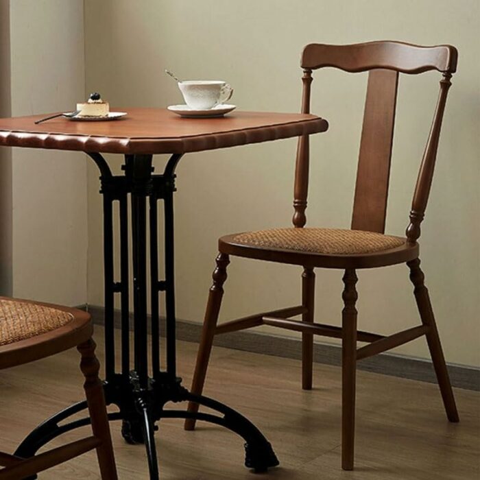LUKEO Dining Chair Solid Wood Dining Stool Retro Furniture Rattan Sitting Surface Curved Backrest