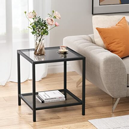 SAYGOER Small Side Table Glass End Table with Mesh Storage Shelf for Small Spaces Modern Square Bed Nightstand Couch Table for Living Room Bedroo