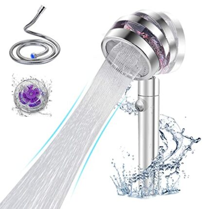 Shower Head and Hose Rotatable 360°, Sided High Pressure Hand Shower, Turbo Fan Shower Head, Water Saving 50%, Chrome Shower Heads with Stop Butt