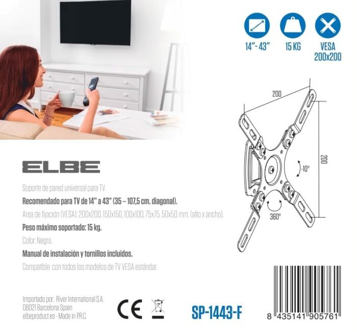 ELBE SP-1443-F Universal Fixed Wall Mount for TV 14''-43'' (Maximum Capacity 15 kg, vesa: 50x50, 75x75, 100x100, 150x150, 200x200) Black