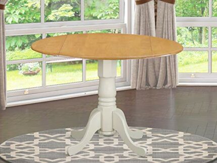 East West Furniture DLT-OLW-TP Dublin Modern Kitchen Table - a Round Dining Table Top with Dropleaf & Pedestal Base, 42x42 Inch, Oak & Linen Whit