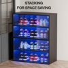 CHF DPT Sneaker Storage with LED Lights for Up To 6 Pairs of Shoes, Shoe Case Display with Glass Door, Clear Shoe Boxes Stackable and Wooden Show