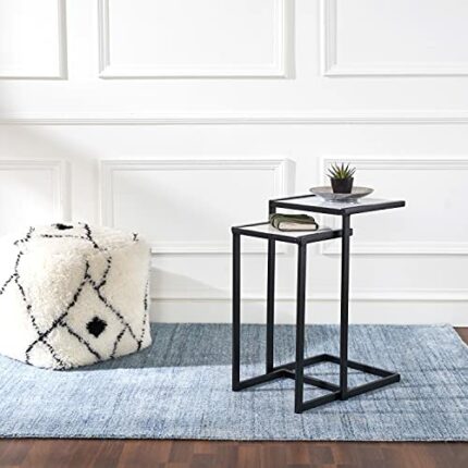 Penguin Home Set of 2 White Real Marble Side Table with Black C Shape Metal Stand Stylish Modern Coffee End Bedside Table Bedroom Living Room Off