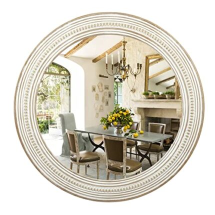 Reflinto 24" Rustic Round Wood Mirror, Distressed Decorative Mirrors for Wall Decor, Farmhouse Circle Mirror Frame with Beads Hanging Mirror for