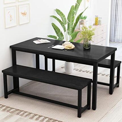 Recaceik 4, Modern Wood Bench Chairs, 43.3'' Dining Room Table Set with 2 Benches & Metal Frame for Kitchen, Small Space, MDF Board + Metal, Blac