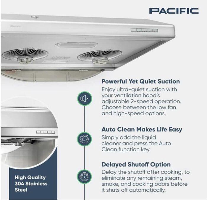 Pacific Kitchen Vent Hood AC30BS – 30 Inch Under Cabinet Range Hood – Filterless Modern Stainless Steel Hood Vent with 900 CFM Suction, Dual Fans