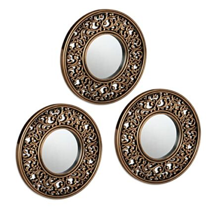 Relaxdays Set of 3 Mirrors, Ø 25 cm, Round, Wall Mounted, Plastic Frame, Vintage Style, Bedroom & Hallway, Gold/Black, Glass