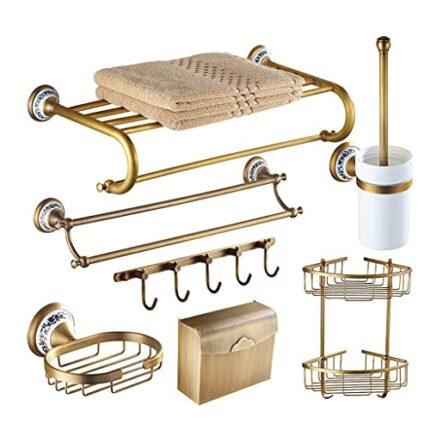 TBIIEXFL Antique Bathroom Blue and White Porcelain Accessories Carved Copper-Alloy Hardware Set Wall Mounted Bathroom Hardware Kit