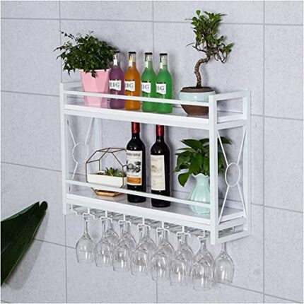 Qunine Wine Rack Wall Mounted, Wine Bottle Stemware Glass Rack Wall Mounted, Metal Hanging Wine Holder, Home Decor Wall Shelf, Black/White/Gold