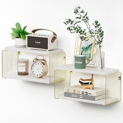 Filano Floating Nightstand 2 Pack Modern White Nightstand 2 Tier Small Nightstand for Wall Wood Bed Shelf for Bedroom Living Room Bathroom Gold W