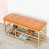 Upholstered Shoe Rack Bench Shoe Storage Bench Seat,Entry Furniture Shoe Organizer With Golden Shoe Shelf,Faux Leather,60X35X45Cm