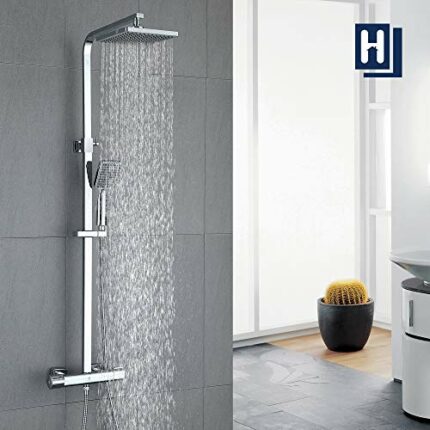 HOMELODY Shower Set Thermostatic 40℃ Mixer Shower Thermostatic with 8 inches Overhead Rain Shower and Handheld Shower Square Shower Mixer Shower
