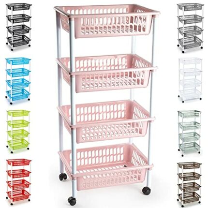 Plastic Storage Trolley Unit with Wheels Utility Kitchen Cart Vegetable Rack Fruit Basket Corner Shelf for Kitchen Bedroom Bathroom Living Room O