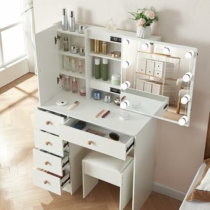 Dradaomull Modern 35''W Makeup Vanity with Lights in 3 Colors Brightness Adjustable, White Vanity Desk with Stool and Sliding Mirror, Dressing Ta