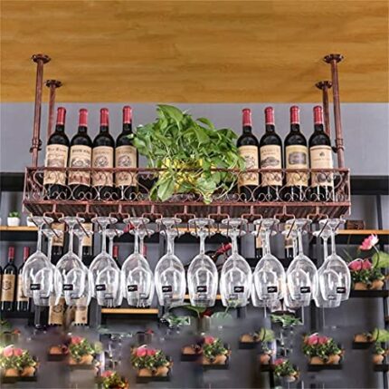 EMISOO Bar Unit Floating Shelves Wall-Mounted Wine Racks, Wine Bottle Holder Ceiling Hanging Metal Iron Wine Glass Rack Goblet Stemware Racks (Co