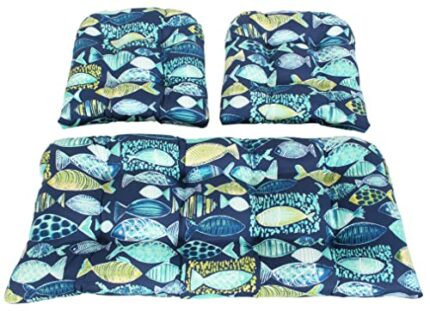 RULU Set of 3 1 Settee (44"x19"x5") & 2 Pieces of Wicker Seats (19"x19"x4") Hooked Lagoon Outdoor/Indoor Cushions Set, Navy