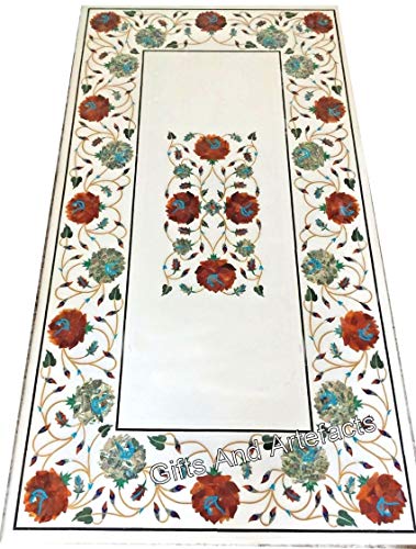 Gifts And Artefacts 24 x 48 Inches Rectangle Shape White Marble Kitchen Table for Home Furniture Decor Floral Pattern Inlay Work Dining Table Top