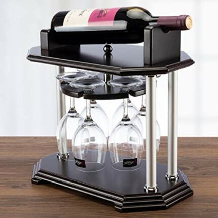 Countertop Rectangle Shape Bamboo Wood Wine Rack - Table Top Wine Bottle Storage Slots for 1 Bottles 6 Wine Glass Rack Hanging Cup Holder -Free S