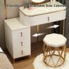 Dressing Table Set with LED Lights Mirror and 4 Drawers, Wooden Makeup Vanity Desk Stool, Modern Makeup Vanity Dressing Table with Cushioned Stoo