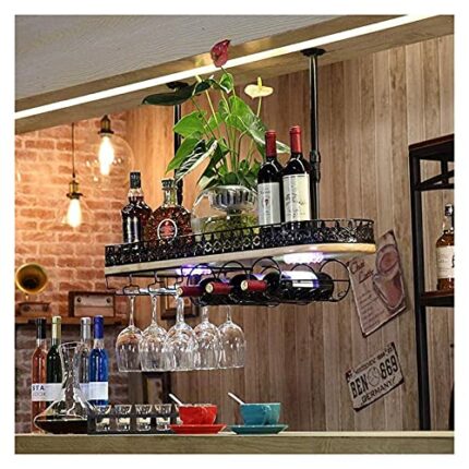 SUCHETA Hanging Wine Rack with Glass Holder and Shelf, Wine Glass Holder Upside Down Wine Rack, Rustic Wall Mounted Wine Holder, Solid Wood Wine