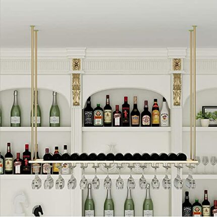 EMISOO Ceiling Mounted Wine Rack and Glass Holder,Adjustable Industrial Wine Racks Shelf Hanging Stemware Glass Shelf for Bar Metal Wine Shelf (S