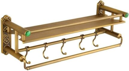 XHALERY Retro Bathroom Shelf Wall Hanging Copper Towel Rack Towel Bar Cosmetic Racks with Hooks/40 * 15 * 16Cm