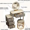 Dressing Table Set with LED Lights Mirror and 4 Drawers, Wooden Makeup Vanity Desk Stool, Modern Makeup Vanity Dressing Table with Cushioned Stoo