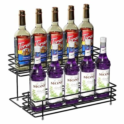 Syrup Bottle Holder Rack for Coffee Bar, 2-Tier Coffee Syrup Organizer 10 Bottles Compartment Display Organizer Holder Stand for Syrup, Wine, Cof