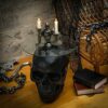 Thyle Gothic Black Skull Glass Topped Table Gothic Coffee Table Round Glass Top Spooky End Tables Gothic Pedestal Table for Furniture Living Room