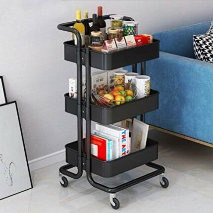 Storage Trolley Cart,3-Tier Storage Cart,Multi-Purpose Trolley Organizer Cart with Casters,Rolling Cart Metal Utility Cart,Organizer Trolley on w