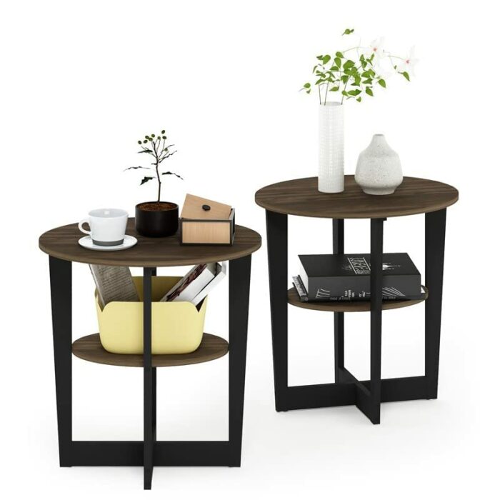 Furinno Oval End, Side Table, Nightstand, Engineered Wood, Columbia Walnut/Black, 2-Pack