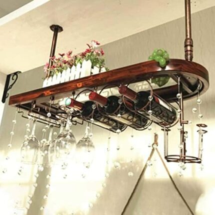 SUCHETA Wine Rack Ceiling Solid Wood Wine Glass Rack Double Buckle Design Adjustable Wine Bottle Rack Home Upside Down Goblet Glass Rack Bar Ceil