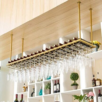 Ceiling Mounted Wine Rack, Metal Hanging Stemware Rack, Bar Pub Counter Floating Glass Holder, Wine Goblet Holder, Adjustable Height -Gold (Size