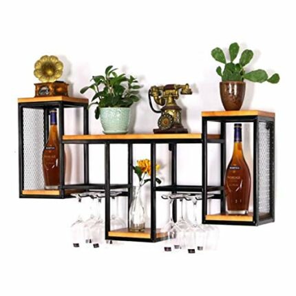 Vintage Wall Mounted Wine Rack Organizer, Rustic Bottle Glass Holder Bar Kitchen Home Wall Shelving Wine Goblet Stemware Storage Display Shelf