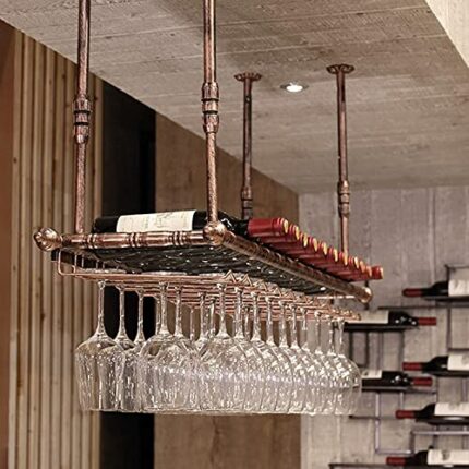 EMISOO Hanging Wine Rack Wall Mounted, Vintage Wine Storage Display Racks with Stemware Glass Shelf Floating Wine Shelf Metal Ceiling Bottle Rack