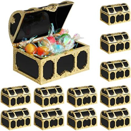 Toddmomy 12pcs Mini Pirate Treasure Chests,Gold Plastic Pirate Jewelry Box Treasure Chest Treat Boxes for Candy Cookies for Pirate Birthday Party