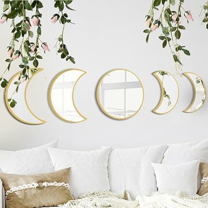 YUBAIHUI Boho Moon Phase Mirror Set for Spiritual Room Decor - Glass Moon Mirror Wall Hanging for Bedroom, Dorm, and Home Decor with Preppy and C