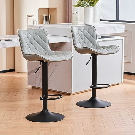 Kidol & Shellder Bar Stools Set of 2 Swivel Barstools Faux Leather Adjustable Soft Cushion High Backrest Counter Stools, Grey, 3-5 Mins to Assemb